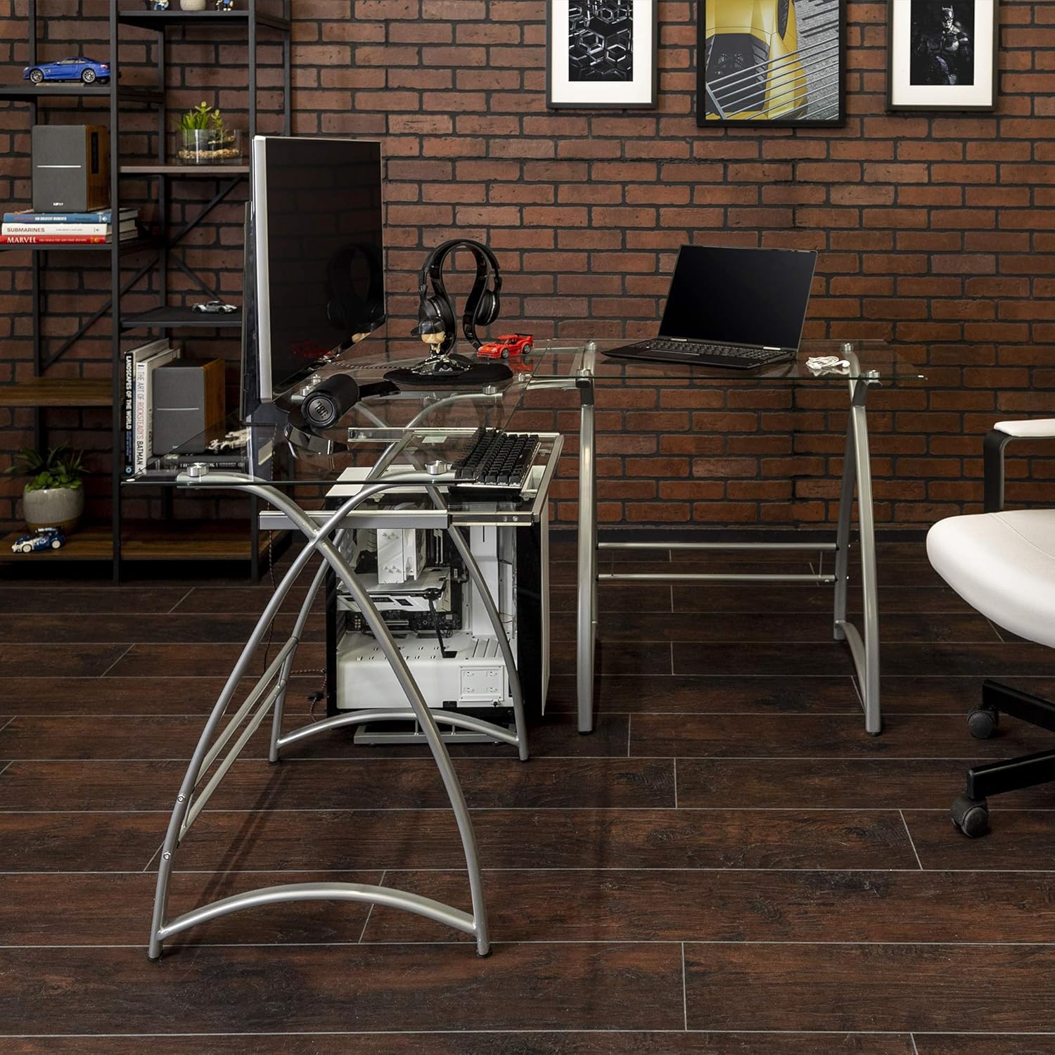 Walker Edison Furniture Company Modern Corner L Shaped Glass Computer Writing Gaming Gamer Command Center Workstation Desk Home Office, 51 Inch, Silver: Furniture & Decor