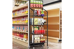 Qriocioa Retail Snack Display Rack 4-Tier Metal Candy Display Merchandise Rack Retail Chip Cart Candy Potato Display Shelves with Wheels & Hooks Snack Shelf for Supermarket and Home Kitchen, Black