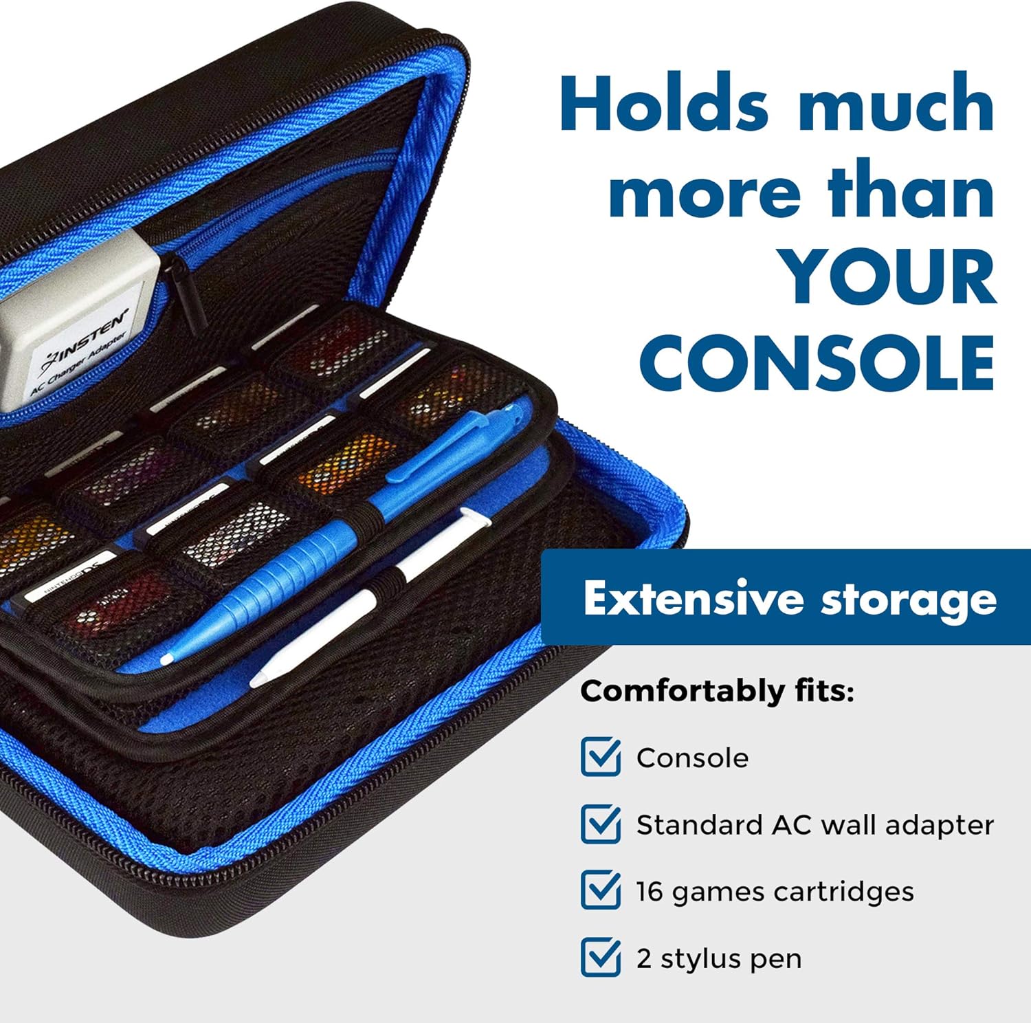 TAKECASE Hard Shell Carrying Case - Compatible with Nintendo 3DS XL and 2DS XL - Fits 16 Game Cards and Wall Charger - Includes Removable Accessories Pouch and Extra Large Stylus Dark Blue: Electronics