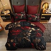 CCoutueChen Queen Size Comforter Set - 3 Pieces Red Roses Pattern Vintage Floral Bedding for Adult Women Black Flower Decor Comforter Set with 2 Pillowcases/90 * 90