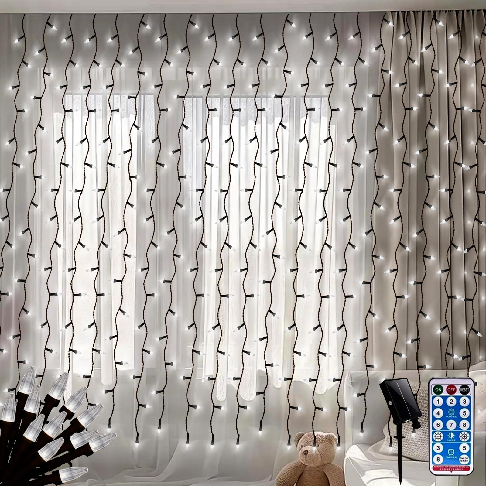 Curtain Lights Indoor Outdoor Solar Light 2M X 2M 200LEDs Diamond Hanging Backdrop Curtain Fairy Lights Waterfall Wall Lights Solar Powered with Remote,Waterproof for Gazebo Room Outside(White)