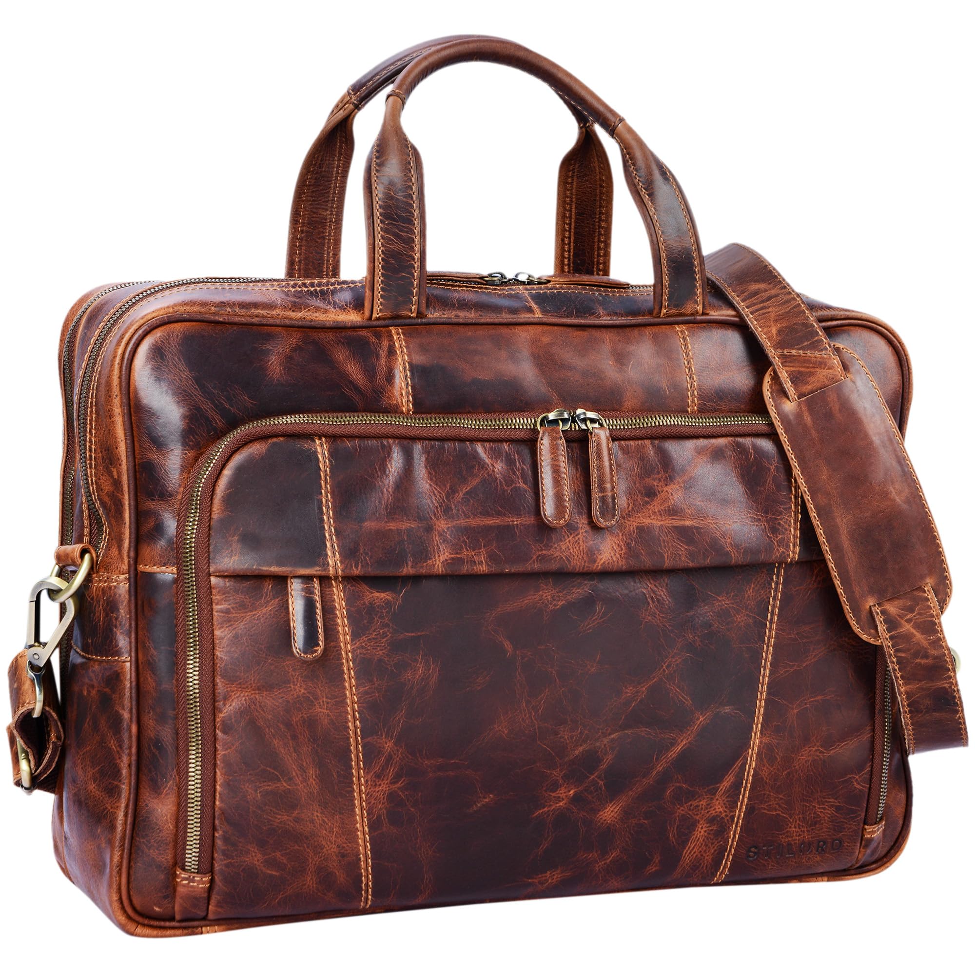 STILORD "Jaron" Large Shoulder Bag Leather Men Women XL Laptop Bag 15.6 inches College Bag Portfolio Business Bag Genuine Leather Colour:Kara - Cognac