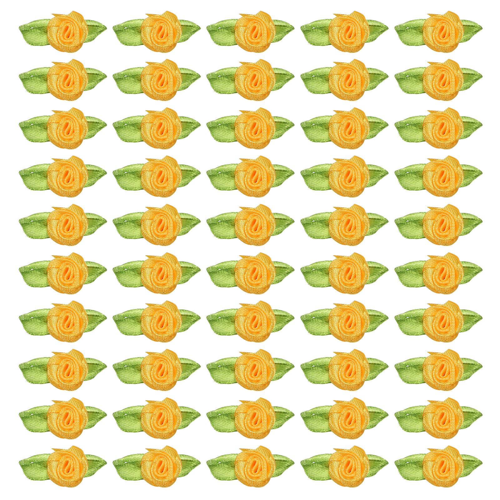 PATIKIL 15mm Tiny Satin Ribbon Rose, 100 Pcs Fabric Flowers Embellishments Rosettes Applique with Green Leaves for DIY Crafts Wedding Decor, Orange