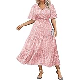 IN'VOLAND Plus Size Short Sleeve Dress for Women Summer Casual V Neck Floral Maxi Dresses with Pockets