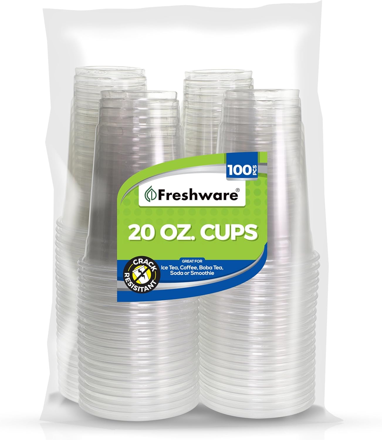Freshware Plastic Cups [20 oz, 100-PCS] - Disposable Cold Drink Party Soda Cups, Crystal Clear PET Cups
