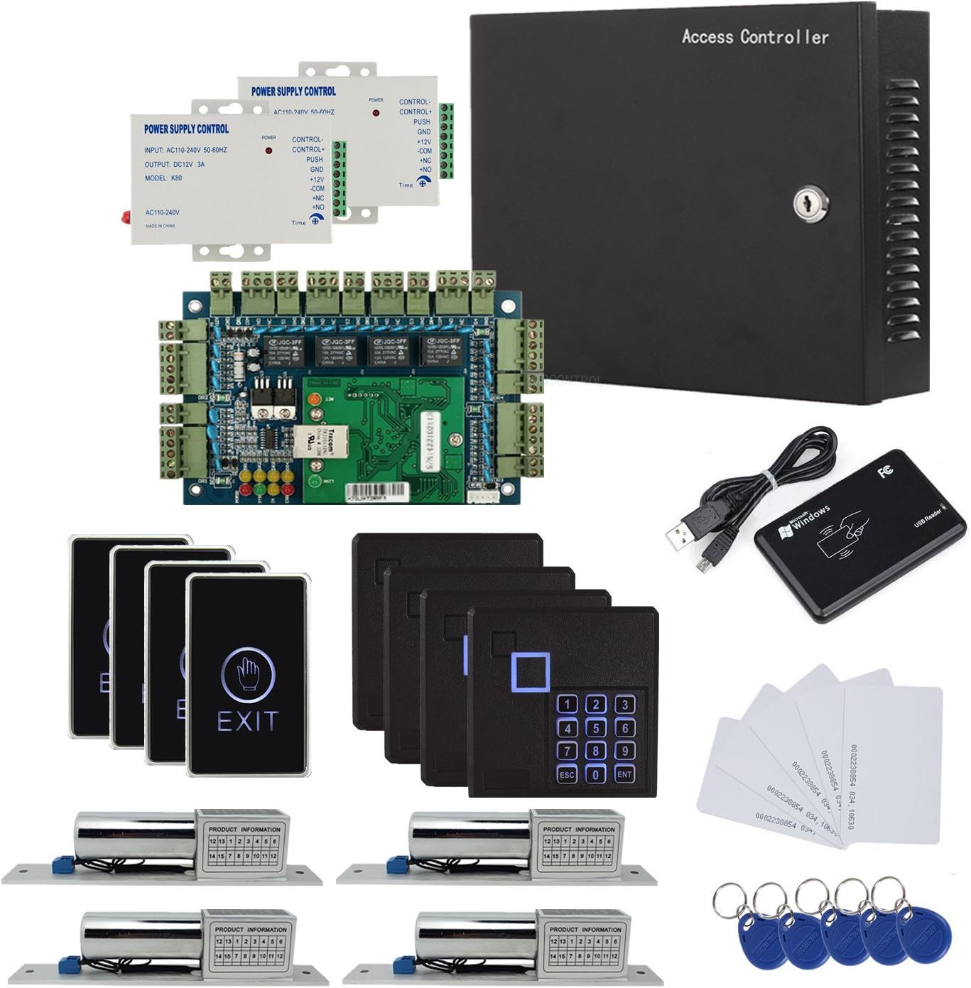 4 Doors Network Security Access System Kits Keypad Reader Metal Power Box Bolt Lock USB RFID Card Reader Extra Power Unit Tuch Exit Button