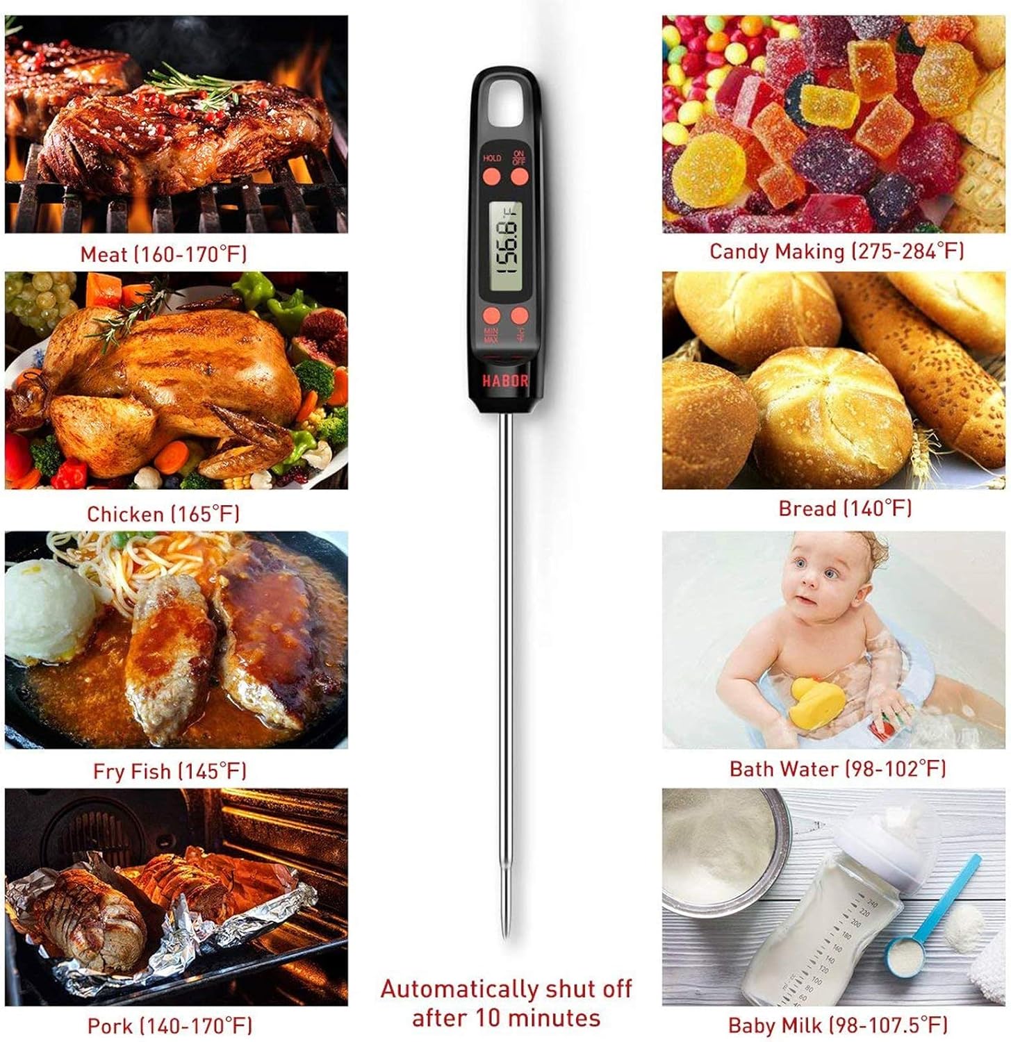 Habor Meat Digital Cooking Thermometer, Instant Read Kitchen, 5.5'' Long Probe, Hanging Hole, ºF/ºC, Auto-Off for Food, BBQ, Water, Sugar, Milk, Yogurt, Turkey, Grill, Wine, Black: Kitchen & Dining