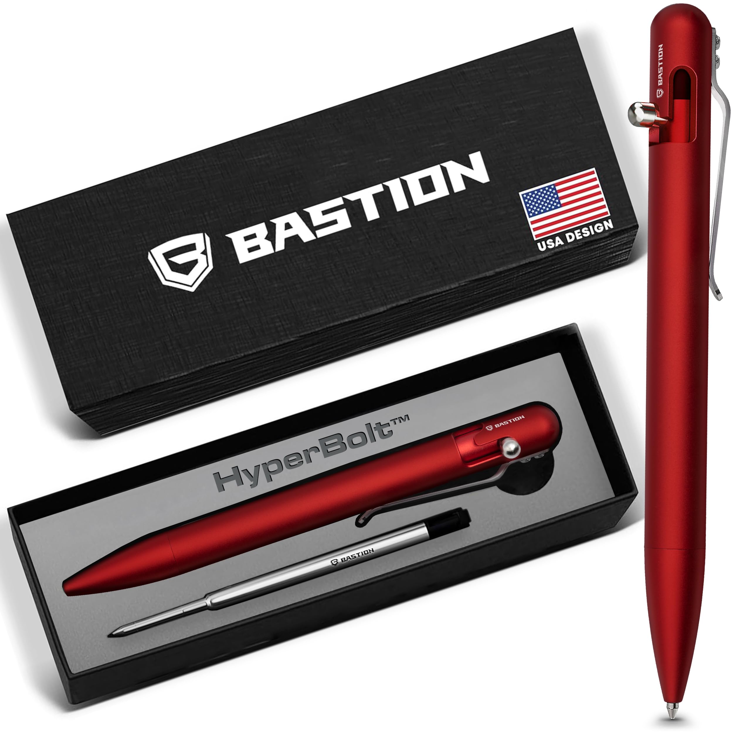 BASTION Luxury Gift Pen Exclusive Hyperbolt™ Aluminium Red Ballpoint, Executive Metal Writing Instrument, premium construction, ideal for professionals, perfect for office or personal use