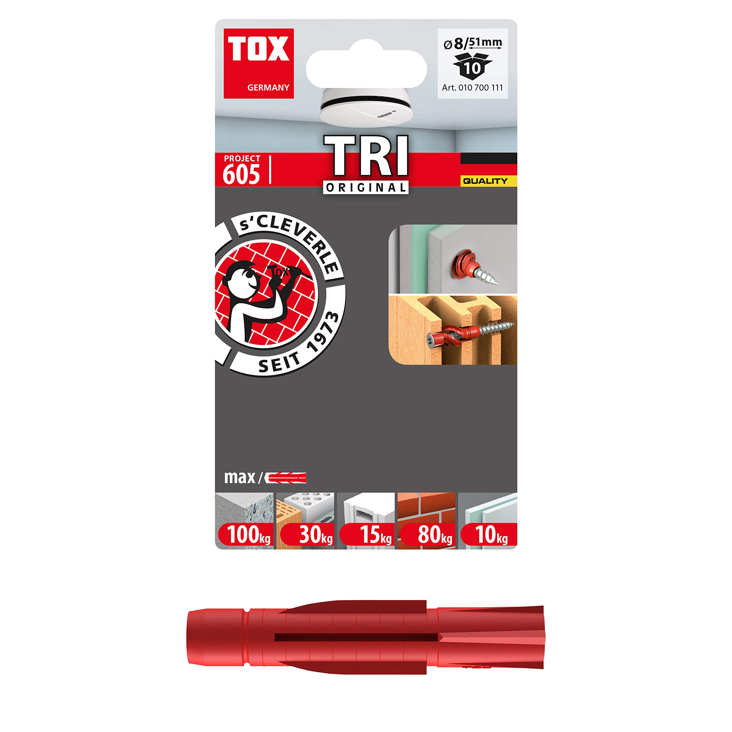 TOX 010700111 - Blíster de 10 Tacos universales TRI, 8 x 51 mm