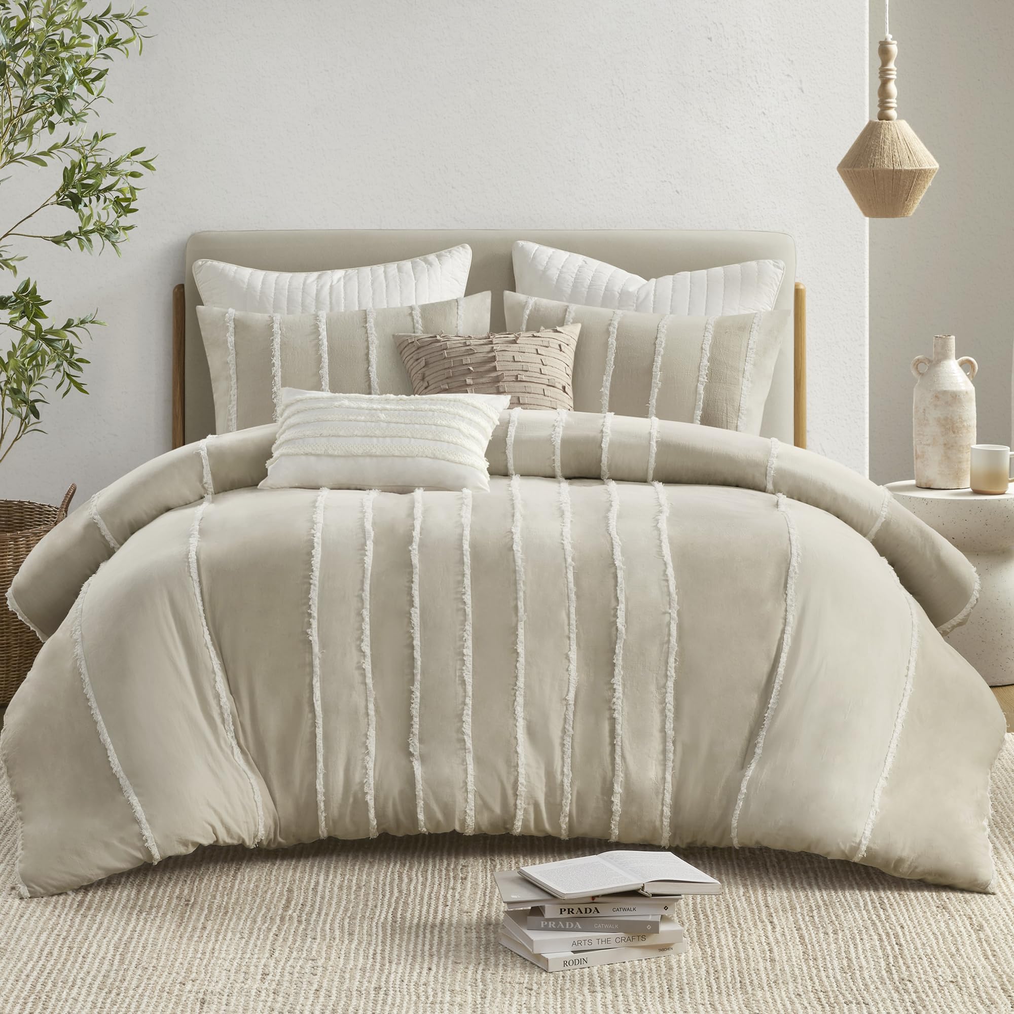 Photo 1 of INK+IVY Queen Duvet Cover Set Boho Duvet Covers Stripes, Clipped Jacquard, Cotton Duvet Cover for Queen Size Bed, All Season Lightweight Queen Bedding Cover & Shams, Shay, Full/Queen, Taupe 3 Piece