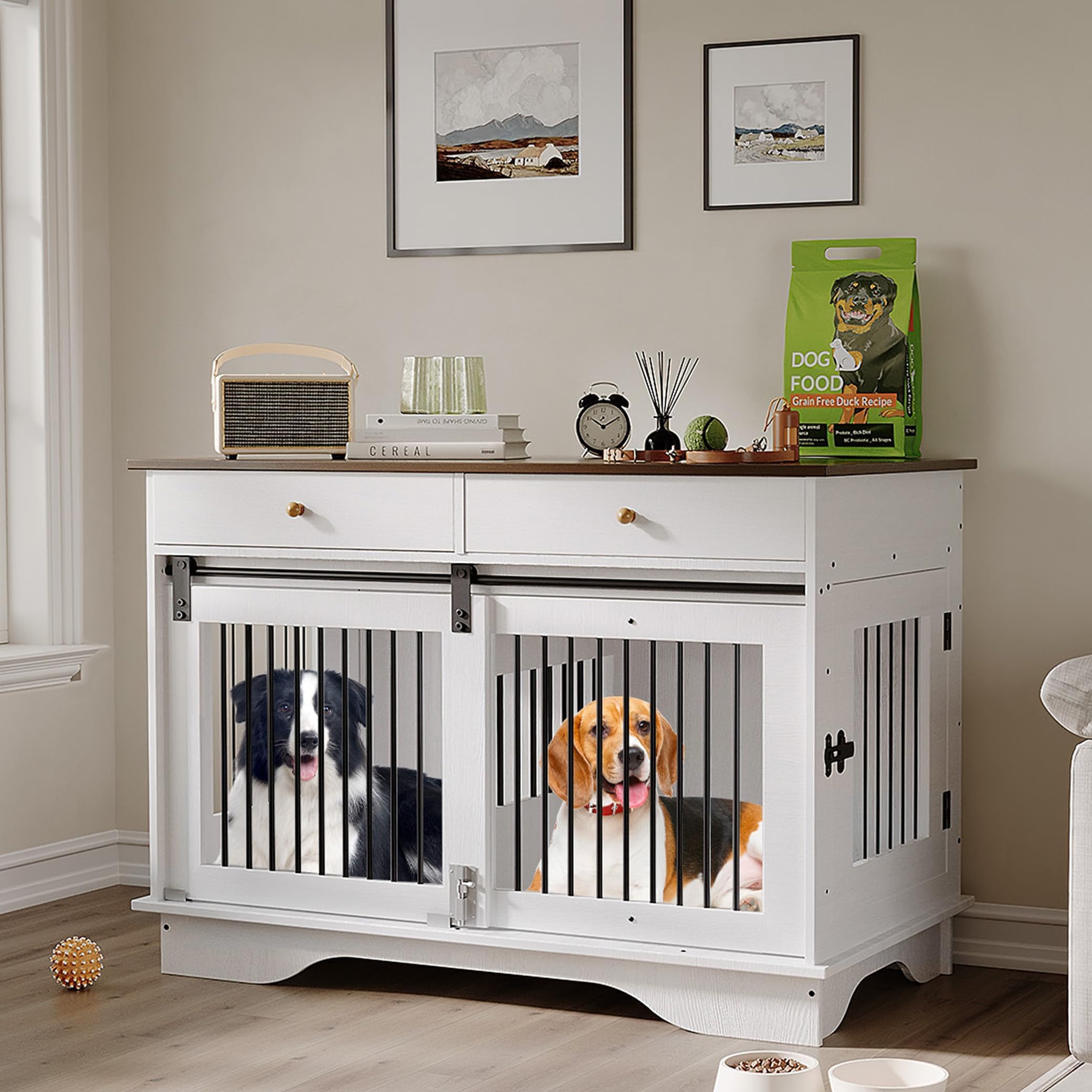Photo 1 of ***FINAL SALE, VIEW NOTES*** Dog Crate Furniture for 2 Dogs, 47" Double Dog Kennel with Removable Divider and 2 Drawers, Decorative TV Stand Side Table, Indoor Pet Cage for Large/Medium/Small Dogs White