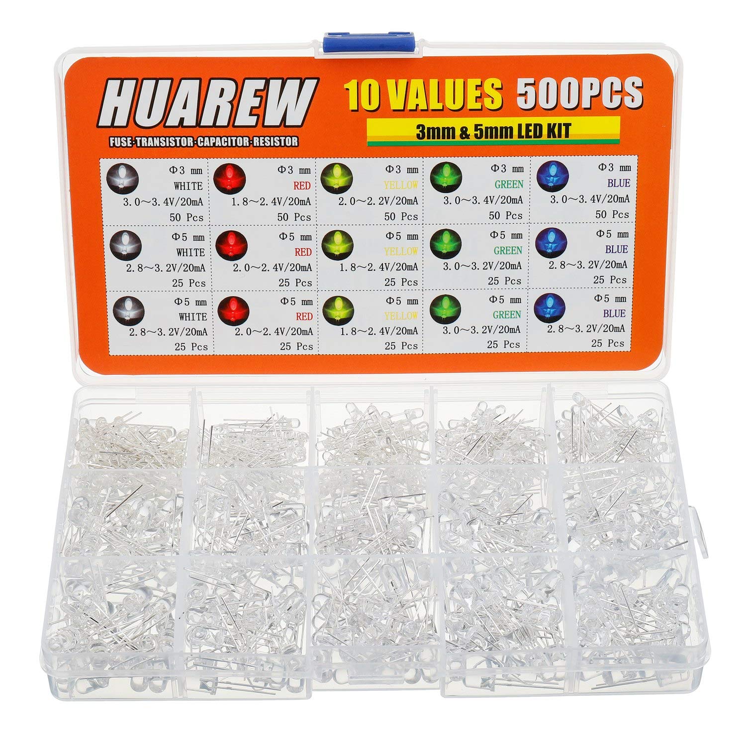 HUAREW 10 Colors 500 Pcs LED light Emitting Diode 3mm 5mm with White, Red, Yellow, Green, Blue 5 Color Classification Kit, Round Clear LED Lighting