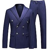 MOGU Mens Suits 3 Piece Double Breasted Suit Pinstripe Slim Fit Tuxedo Jacket Vest Pants for Business Wedding Prom