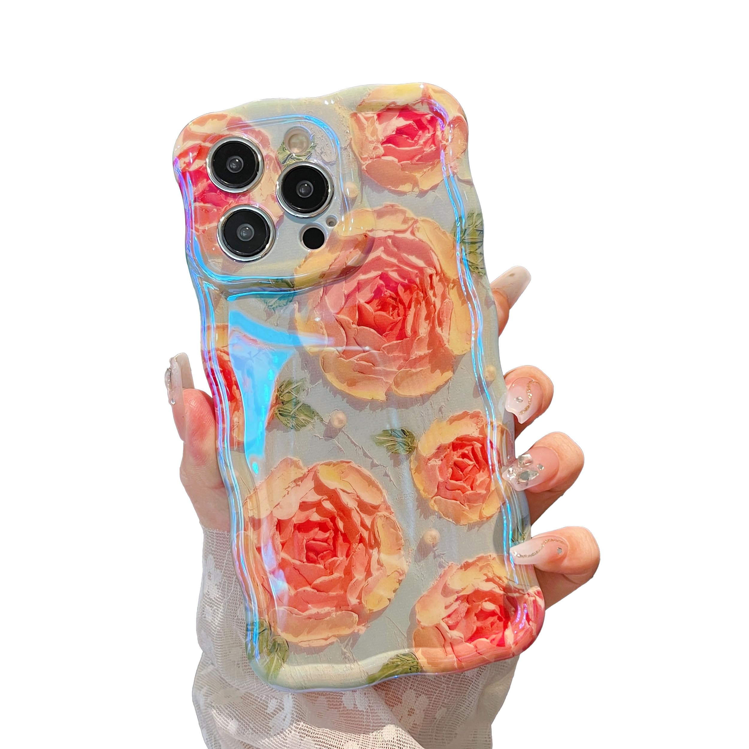 XIZYO Colorful Retro Oil Painting Flower Case for iPhone 13 Pro Max, Curly Wave Frame Laser Glossy Cute Floral Aesthetic Phone Case, Girls Women Slim Soft TPU Shockproof Cover, Pink Rose/Blue — image 1
