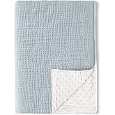 Konssy Baby Blankets for Unisex Boys Girls, Super Soft Nursery Minky Blankets with Muslin Cotton Front and Dotted Fleece Backing, Printed Bed Throws Newborn