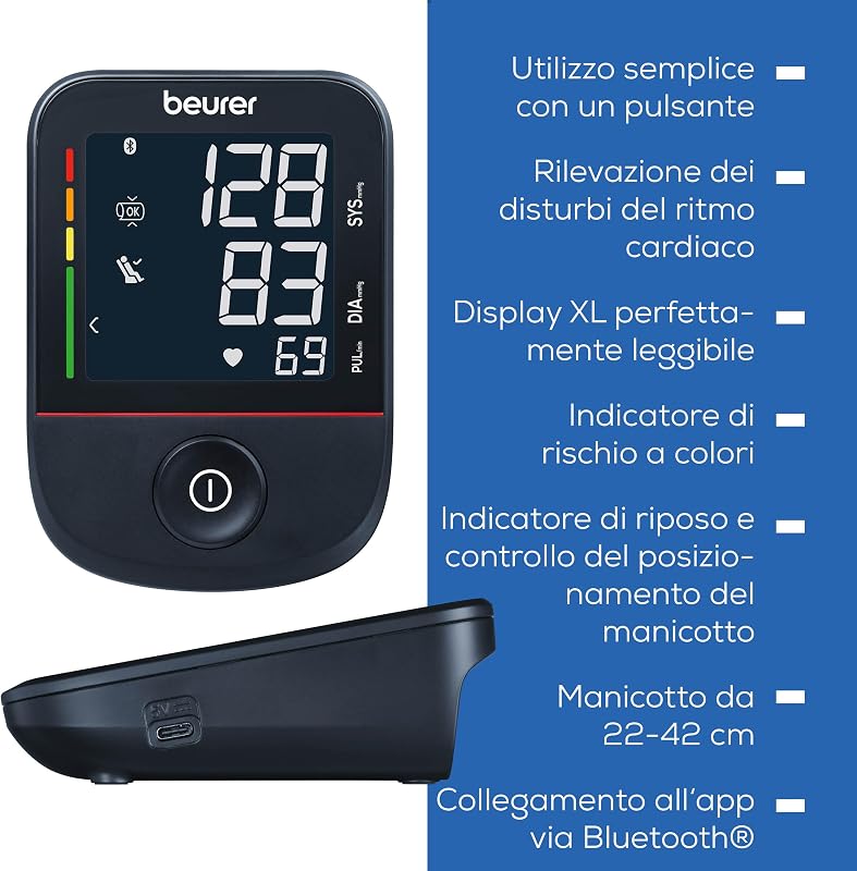 BM 48 Misuratore di pressione da braccio, funzionamento semplice con un pulsante, misurazione delicata e veloce, rilevamento aritmia, polsino 22-42 cm, con app, trasferimento dati Apple Health