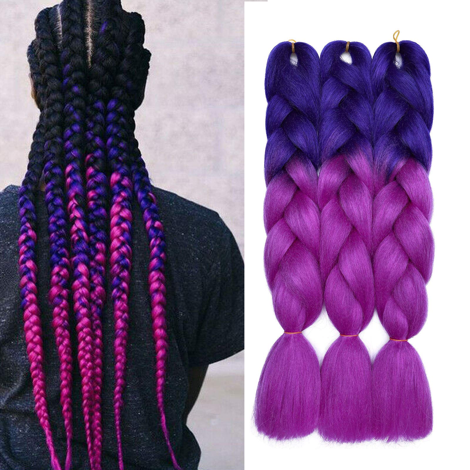 3 Pcs /300g 24'' Two Ombre Jumbo Braiding Hair Synthetic Braid Hair Extensions Dark Blue to Purple Red