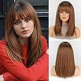 RSY 16 Inch Ombre Brown Human Hair Wigs for Women, Straight Wig with Bangs,Wear Natural Realism,Real human hair