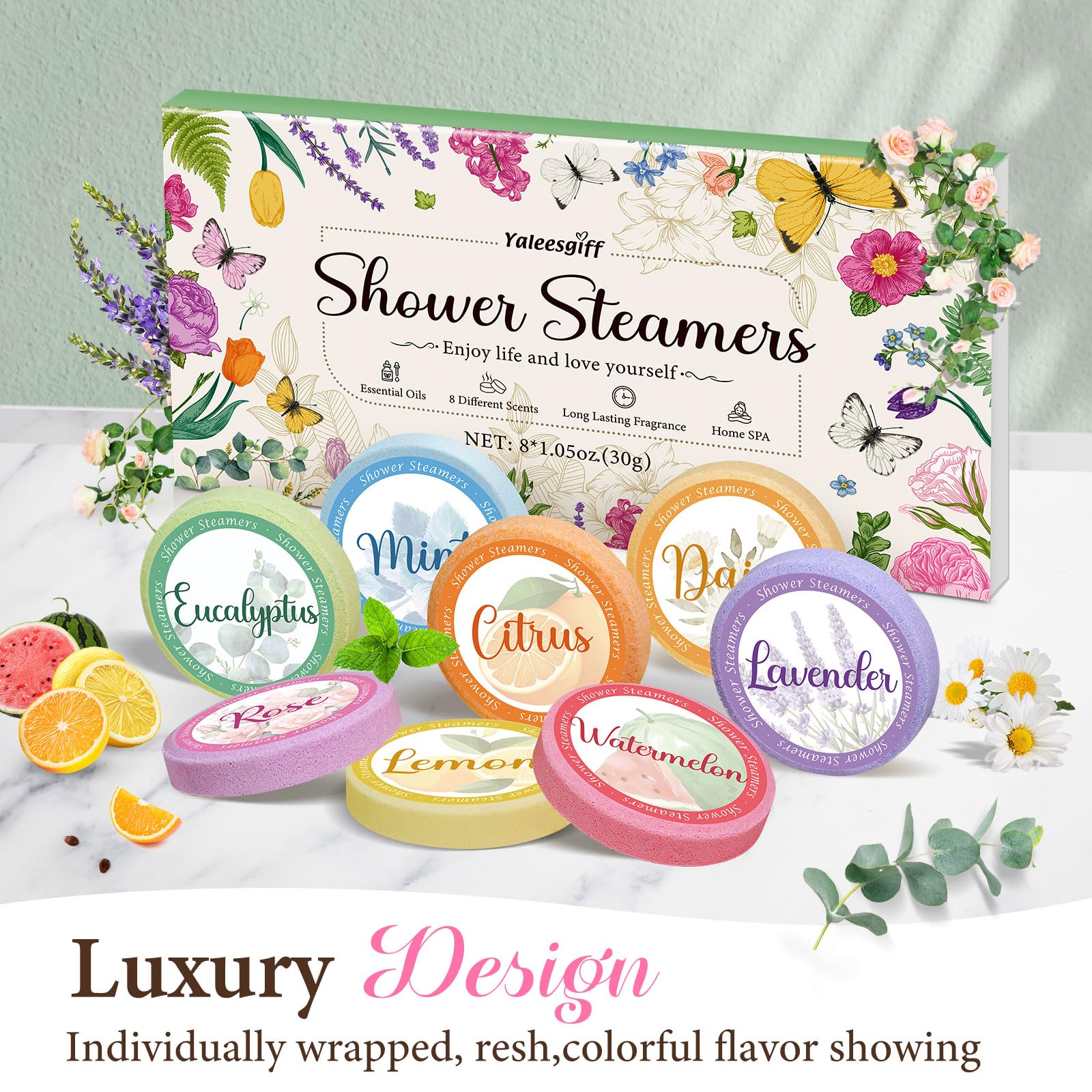 Yaleesgiff Geschenke für Frauen Badebomben Aromatherapie Geburtstagsgeschenke für Frauen, Shower Steamers Home SPA Natürliche ätherische Öl für Muttertagsgeschenk für Mama (8 Stück) 6