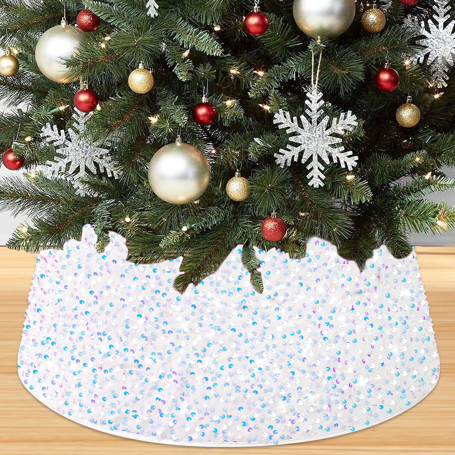 Photo 1 of PATYDEST White Christmas Tree Collar Round Sequin Tree Skirt Silver Christmas Tree Stand Cover Velvet Tree Collar Ring Artificial Xmas Tree Skirt Box Collar for Palm Tree for Winter Holiday Decoration