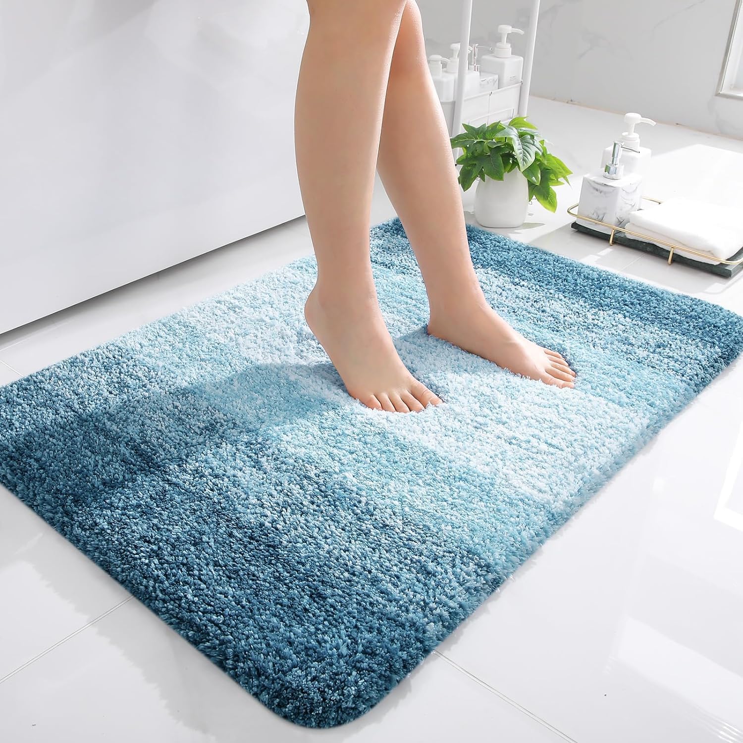 smiry Microfiber Bath Mat, 60 x 90 cm, Non-Slip Super Absorbent Bathroom Mat, Extra Soft Thick Floor Foot Mat, Fluffy Shaggy Bath Mats Rugs for Bathroom, Caribbean Sea