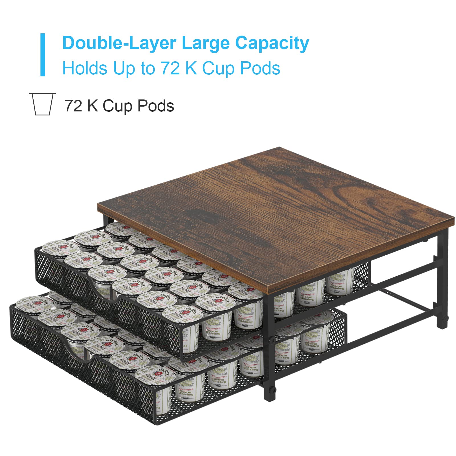 Coffee Pod Holder For Counter, Coffee Pod Drawer for K Cup Storage Drawer Holder, 72 Capacity Pods Storage Organizer Cups Capsule with Sliding Baskets for Coffee Station, Black
