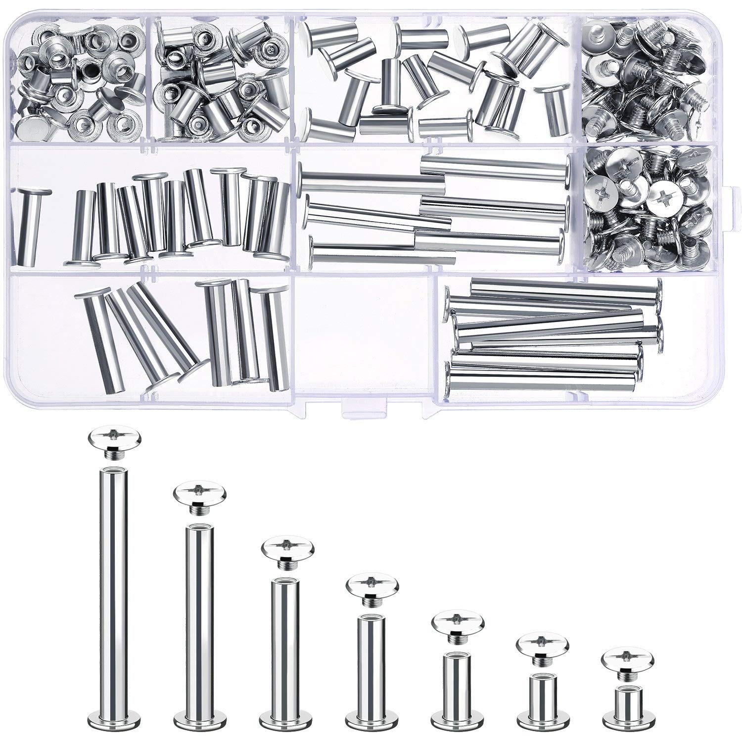 80 Set Chicago Binding Screws Assorted Kit 7 Different Sizes Metal Round Cross Head Stud Screw Posts Nail Rivet Chicago Button for DIY Leather Decoration Bookbinding