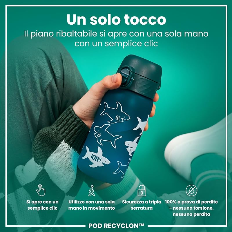 Borraccia per Bambini, 350 ml, a Prova di Perdite, Facile da Aprire, Serratura Sicura, Lavabile in Lavastoviglie, Senza BPA, Maniglia per il Trasporto, Facile Pulizia, Squali