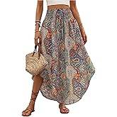SweatyRocks Women's Boho Skirts Shirred High Waist Summer Beach Asymmetrical Flowy Long Skirt