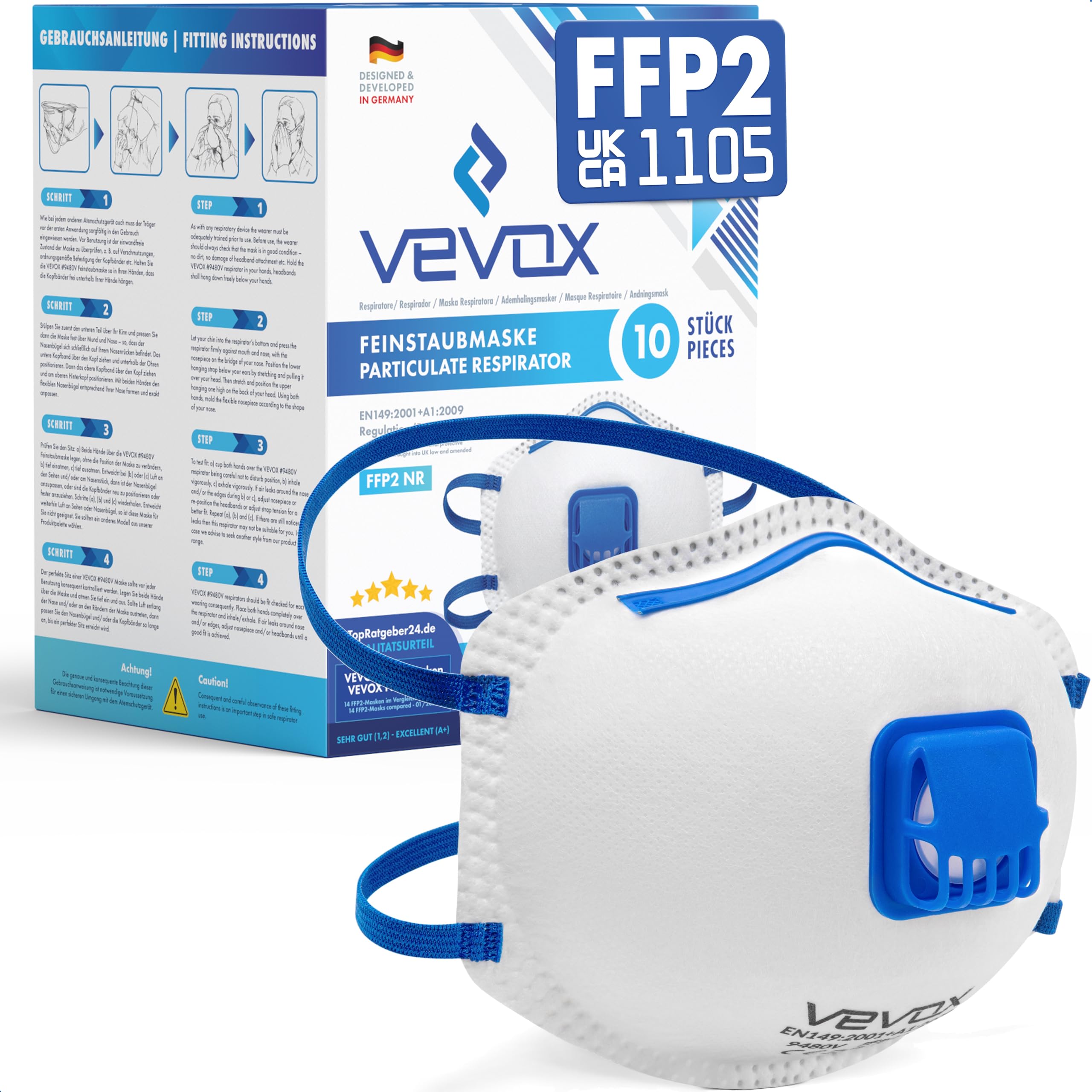 VEVOX® FFP2 Dust Mask - Set of 10 - Valved Face Masks - Respirator - Protection e.g. for Construction, Building Work, Sanding, Woodworking, Fine Dusts, Aersoles or Particles