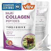 VEV Multi Collagen Peptides Powder, Types I, II, III, V &amp; X, 41 Servings | NSF Certified, Hydrolyzed Collagen with Hyaluronic Acid, Biotin &amp; Vitamin C, Unflavored, 16 oz
