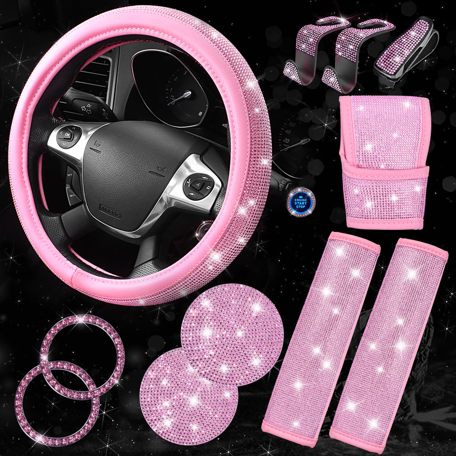 Photo 1 of CAR PASS 11 PCS Bling Car Accessories Set for Women, Sparkly Rhinestone Diamond Steering Wheel Cover, Bling Seat Belt Cushion, Shift Knob Cover, Push Start Button Ring, Car Cup Holder Coaster, Pink