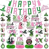 Witch Party Decorations Pink and Green Happy Birthday Banner Hanging Swirls and Honeycomb Centerpieces Witch Theme Party Decorations for Girls Women Birthday Party Supplies