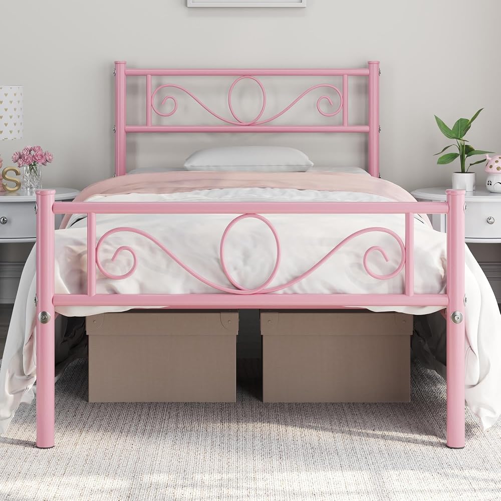 Yaheetech 3ft Single Metal Bed Frame Platform Bed Pink with Scroll Headboard