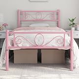 Yaheetech 3ft Single Metal Bed Frame Platform Bed Pink with Scroll Headboard
