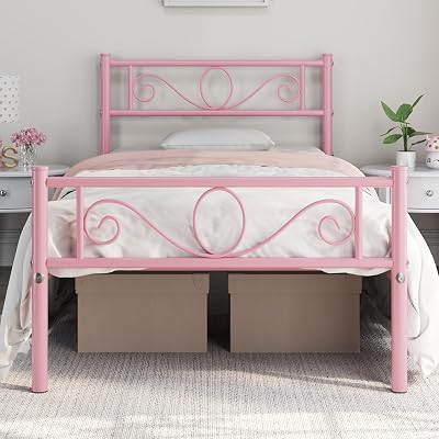 Yaheetech 3ft Single Metal Bed Frame Platform Bed Pink with Scroll Headboard
