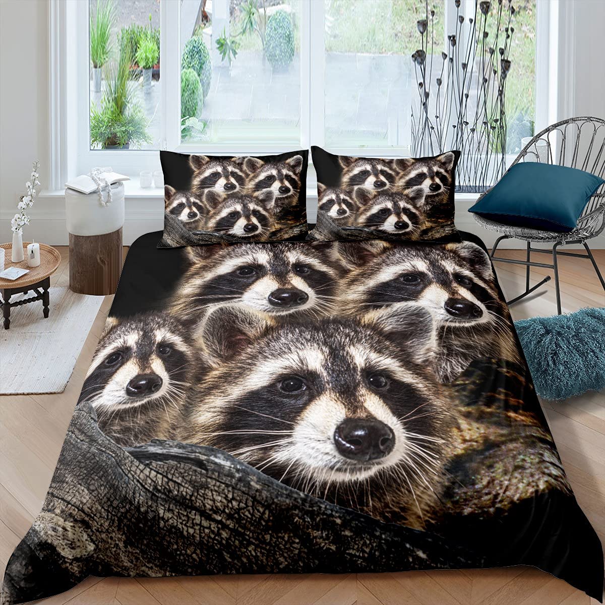 Loussiesd Raccoon Bedding Set Kids Brown Raccoon Panda Duvet Cover Set 3D Raccoon Animal Pattern Bed Set Soft Microfiber Bedclothes with 1 Pillowcase Single Size Bed Cover
