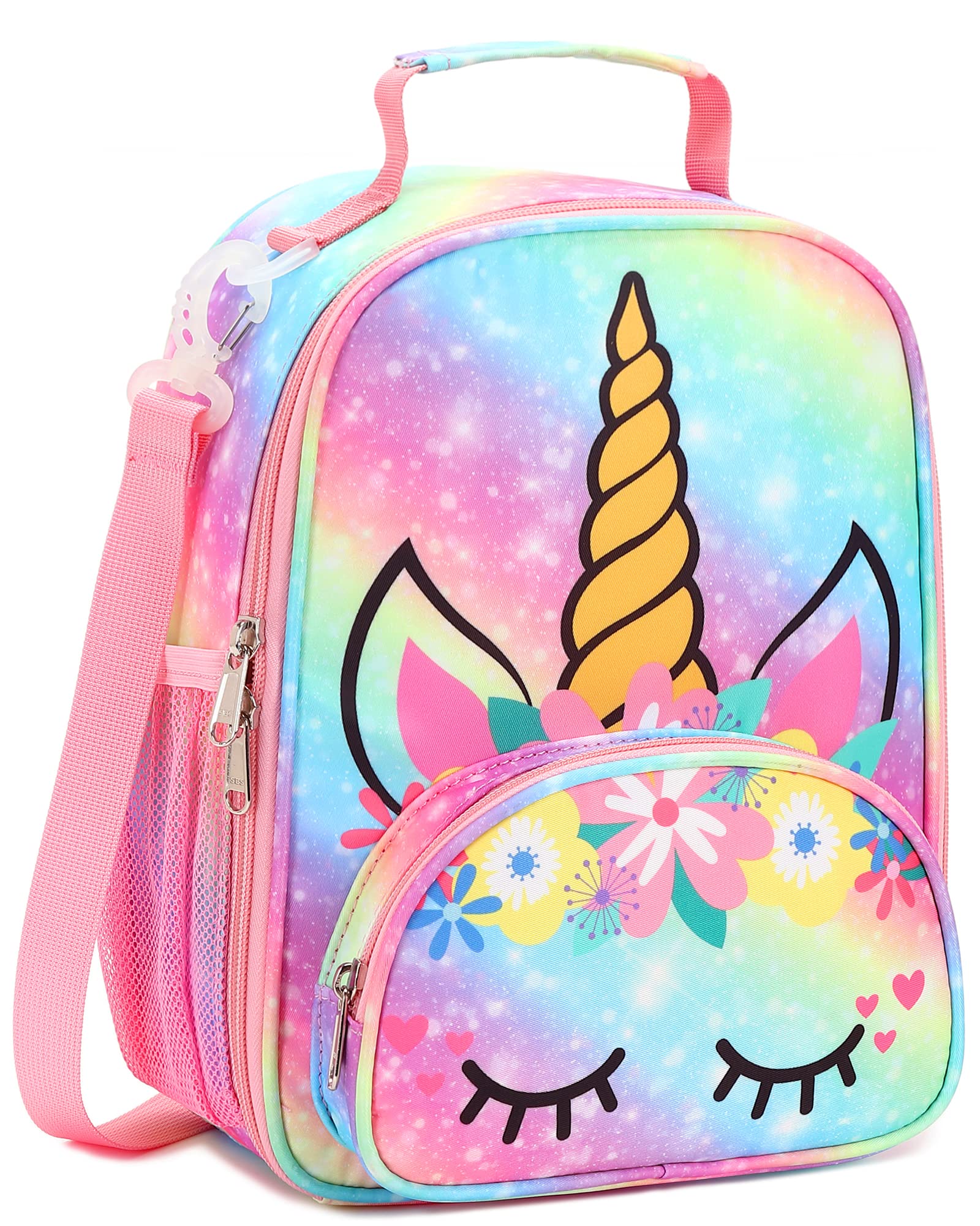 BTOOP Lunch Box Kids Girls Insulated Lunch Bag Toddler Cute Reusable Thermal Meal Cooler Tote Bags with Removable Shoulder Strap for School Travel (O-Rainbow)