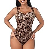 FeelinGirl V Neck Shapewear Bodysuits for Women Sleeveless Lace Body Shaper Tummy Control Thong Bodysuits for Women Leopard
