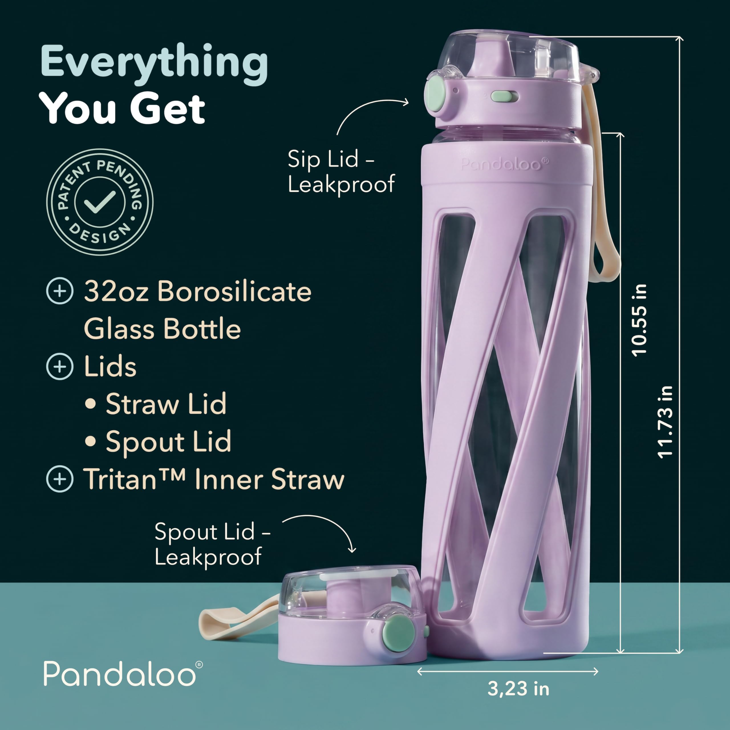Condition photo showing New/Like New for pandaloo® orbit 32 oz glass water bottle with 2 leak-proof lids (straw & spout), wide mouth, borosil