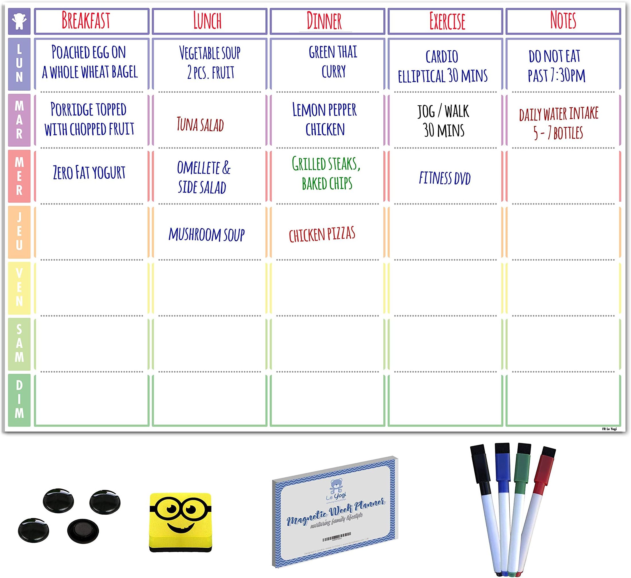 Planificateur de repas magnétique et plan d'action Tableau blanc | Planificateur de tâches, plan de travail, examen, diète ou musculation idéal | Gomme, 4 marqueurs, 4 boutons, 100 recettes de repas