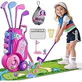 HYES Toddler Golf Set 2-4 Years, Kids Golf Club with 8 Balls, 4 Plastic Clubs, Putting Mat, Scoreboard, Storage Bag, Indoor Outdoor Game with Golf Cart Sport Toy Gift for Baby Boys Girls Age 3-5, Pink