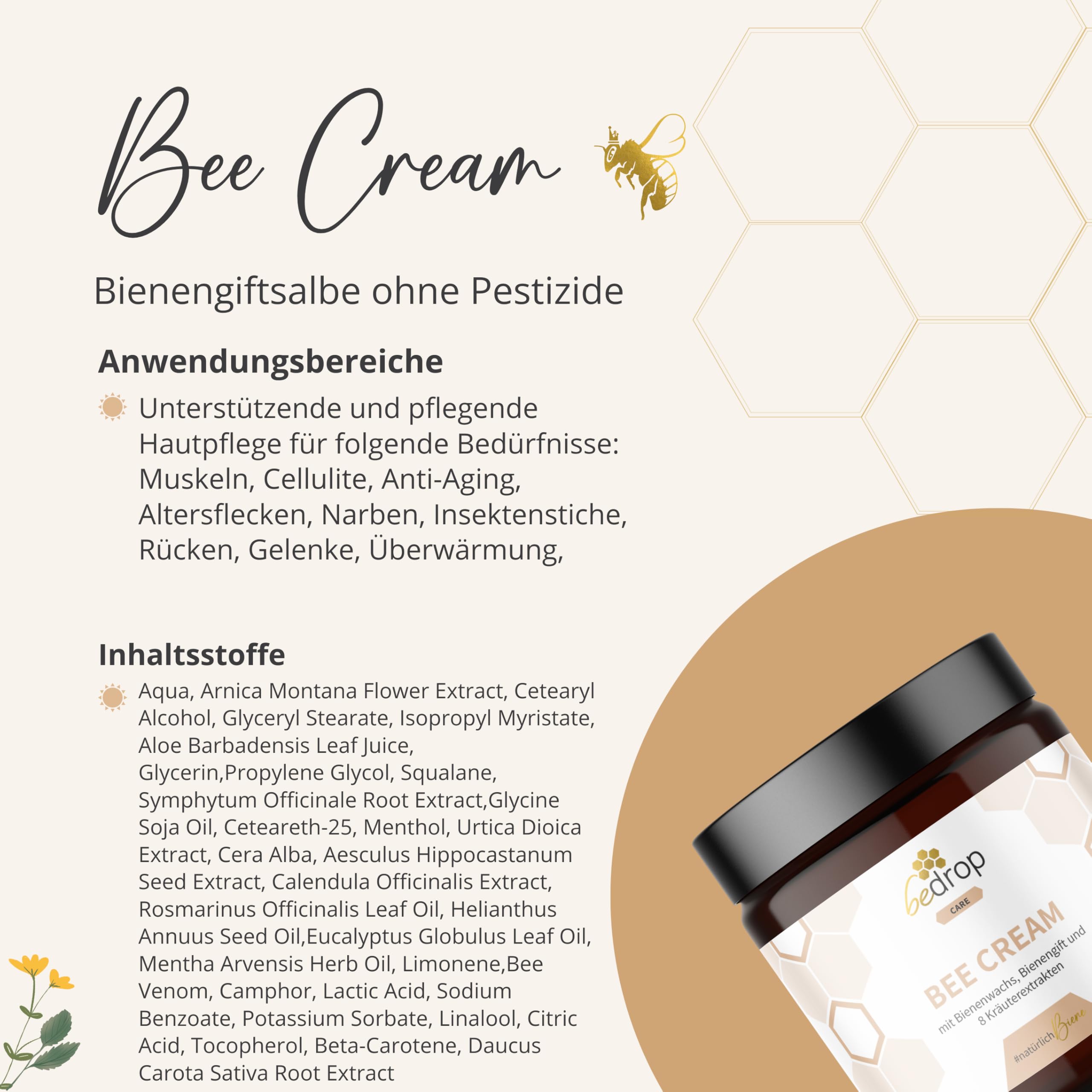 bedrop Bee Cream Bienengiftsalbe hochdosiert (kühlend & wärmend) - Bienengiftcreme mit Bienenwachs & 8 Kräuterextrakten u.a. Aloe Vera, Ringelblume, Eukalyptus und Rosskastanie (3x 100g Sparset)