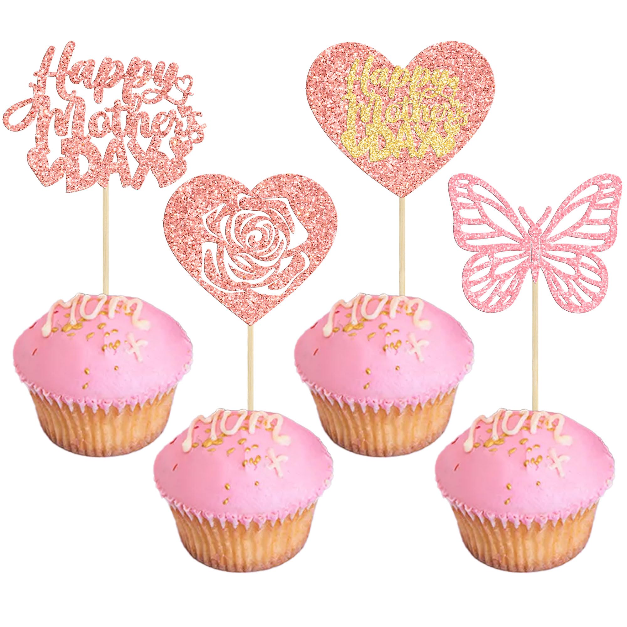 Gyufise 24 Pack Pink Happy Mother's Day Cupcake Toppers with Love Heart Glitter Butterfly Rose Happy Mother's Day Cake Picks Decorations for Best Mom Theme Party — image 1