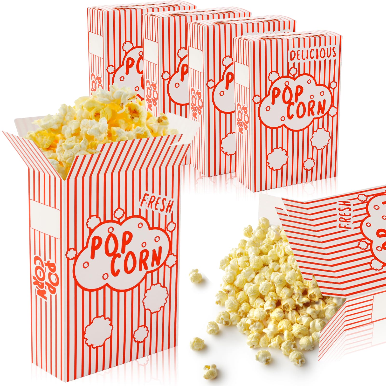 200 Packs Popcorn Boxes Containers 1.25 Oz Paper Popcorn Buckets Red and White Striped Close-Top Cardboard Pop Corn Bowls Individual Servings Bags for Party Movie Night