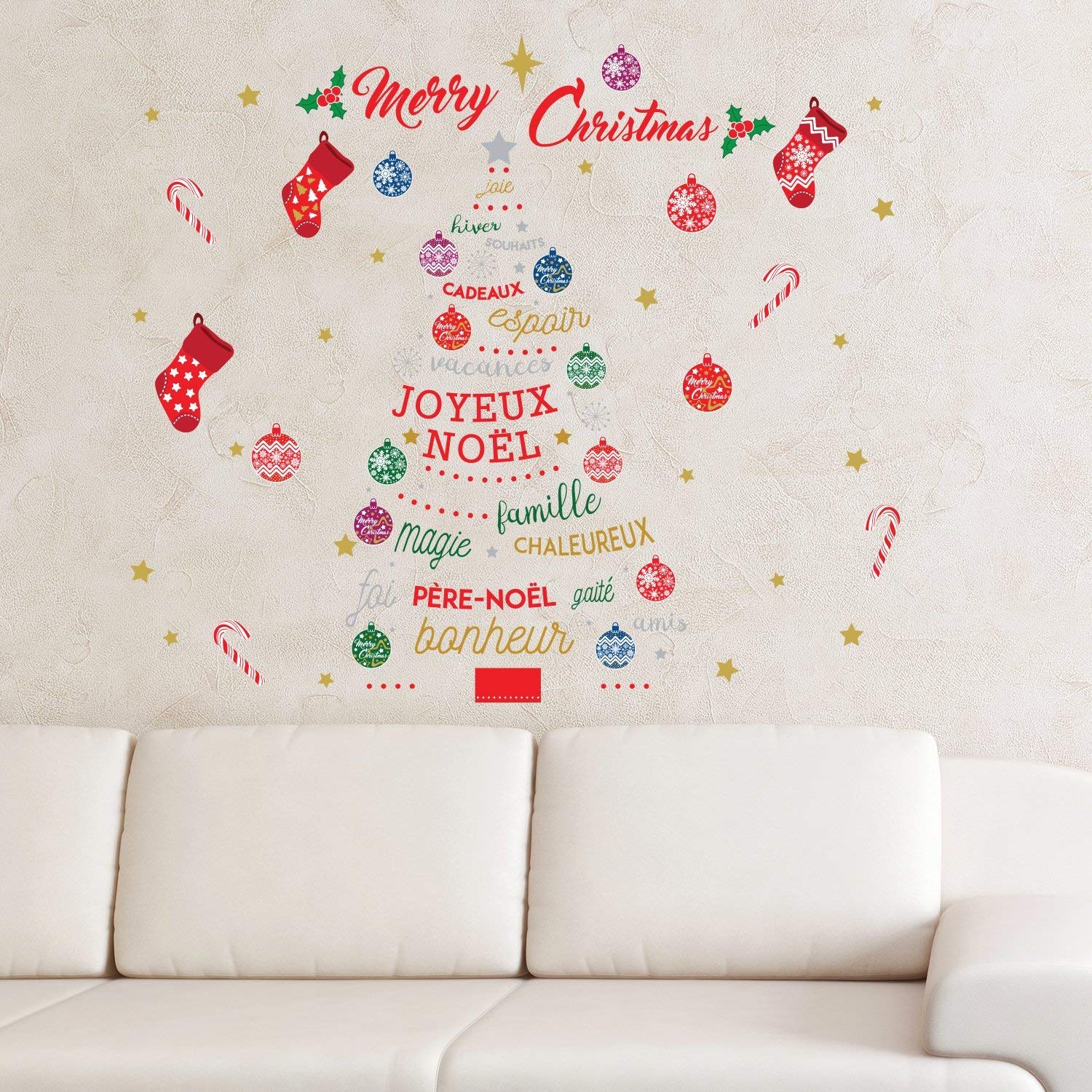 Wallflexi Christmas Decorations Wall Stickers "Merry Christmas & French Quotes Christmas Tree" Wall Murals Decals living Room Children Nursery School Restaurant Cafe Hotel Home Office Décor, multicolour