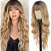 MINSEEYOO Dark Blonde Wig with Bangs for Women Long Wavy Wigs 26 Inch Blonde Wigs Natural Looking Heat Resistant Synthetic Wig for Daily Party Use