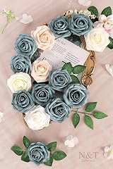 N&T NIETING Artificial Roses 25Pcs Real Touch Foam Rose with Stem Dusty Green view 4
