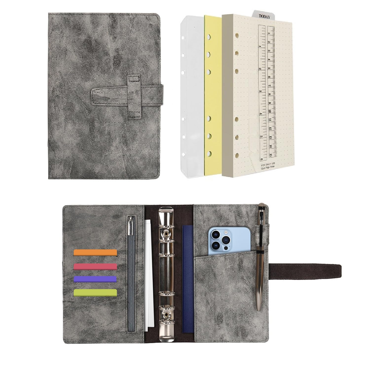 Wonderpool Leather Diary 6 Ring Binder Folder Organiser with Dotted Paper Refillable Writing Notebook & Multi Pockets Cover for Business Study Travel (A6, Grey)