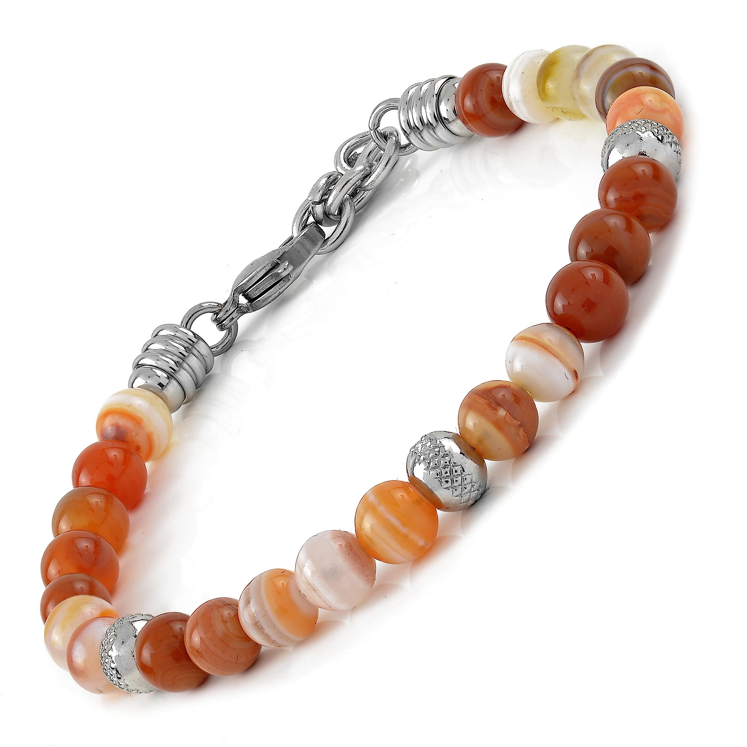10:10 Jewels Men's and Women's Bracelet with 0,25 inch Natural Red striped agate Stones, Male or Female Bracelet with Diamond Beads in Stainless Steel and Very Resistant, Made in Italy